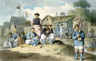 Grupa Chińczyków na brzegu rzeki, obserwująca przełęcz ambasady hrabiego Macartneya, 1793